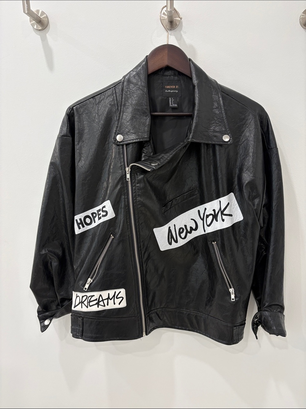 Forever 21 Black Faux Leather Bomber Jacket with White Graphic Patches
